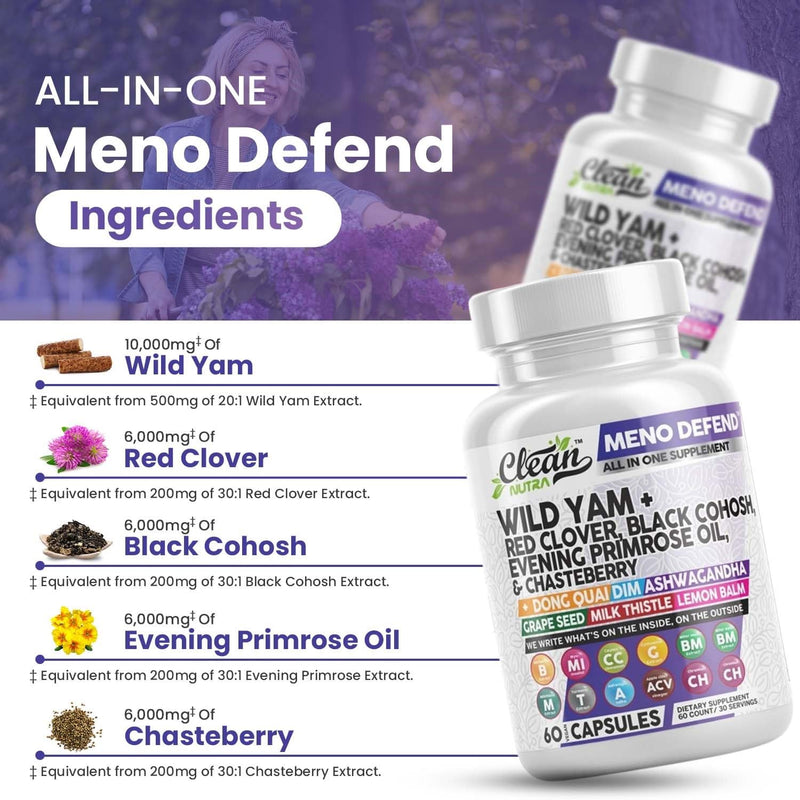 [Australia] - Clean Nutra Wild Yam Root Capsules with Red Clover Black Cohosh Evening Primrose Oil Chasteberry Dong Quai DIM Ashwagandha Grape Seed Extract Milk Thistle Lemon Balm and more Hormone Balance For Women 