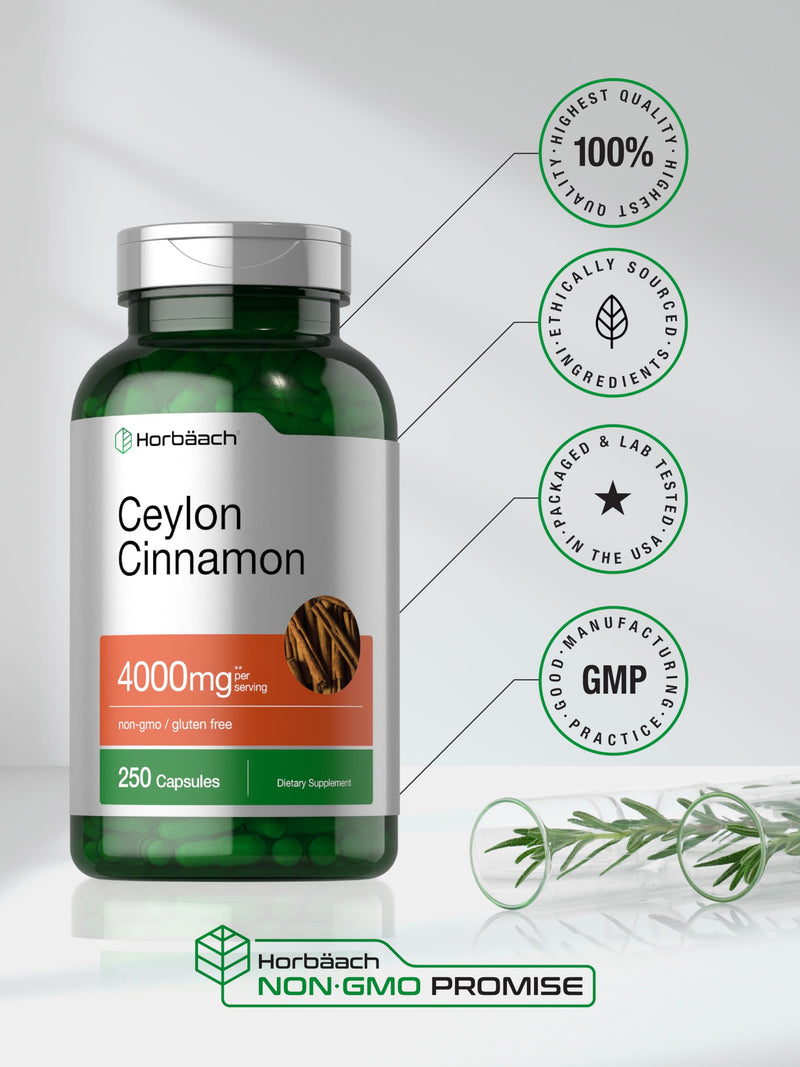 Horbaach Ceylon Cinnamon Capsules 4000mg | 250 Count | Non-GMO, Gluten Free