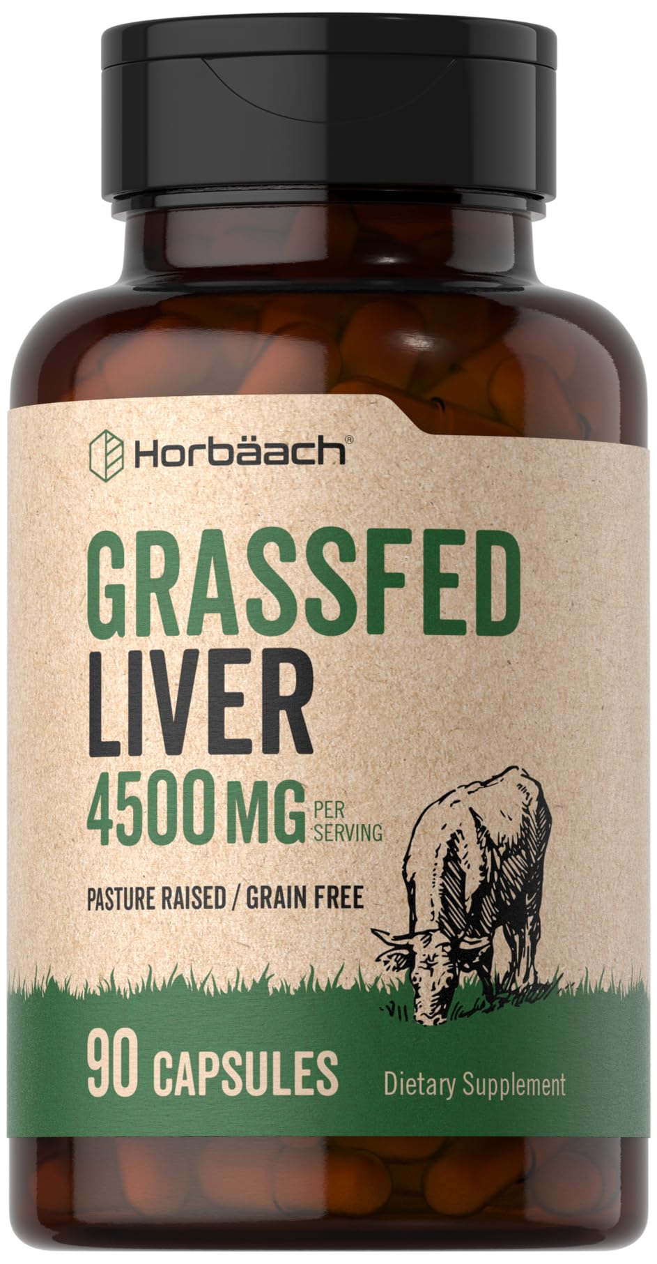 Horbäach Grass Fed Beef Liver Supplement | 4500mg | 90 Capsules | Desiccated, Pasture Raised, Grain Free, Non-GMO 90 Count (Pack of 1)