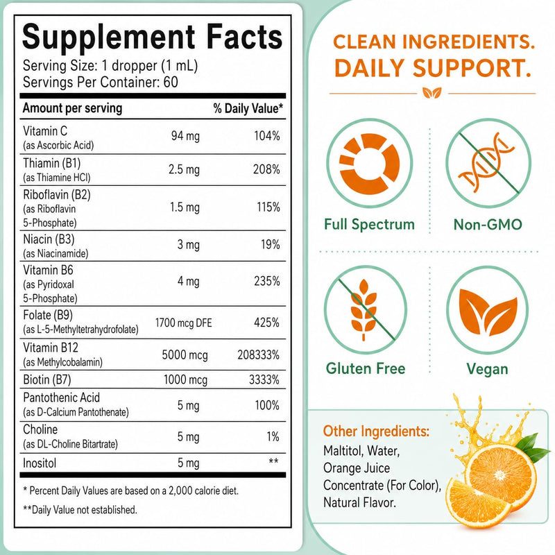 Suiyilary Vitamin B Complex Liquid Drops, B12 Methylcobalamin, B9 Folic, Vitamin C, Immune, Energy Metabolism, Brain & Heart Support, Orange Flavor, 60ml