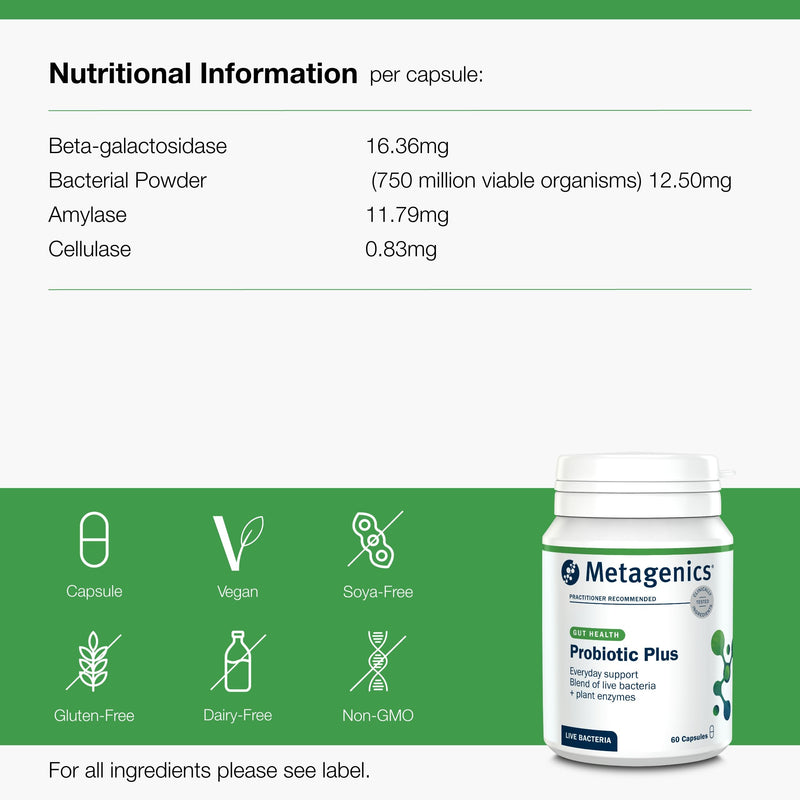Metagenics - Probiotic Plus - with Live Bacteria - Blend of 7 Bacterial Strains & Plant Enzymes for Digestive Health - 60 Capsules