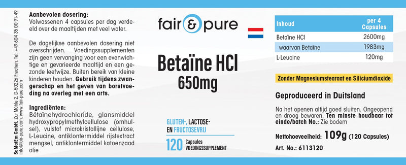 [Australia] - Fair & Pure® - Betaine capsules 650mg - 120 capsules - Betaine HCI/Betaine hydrochloride - vegan - without magnesium stearate 