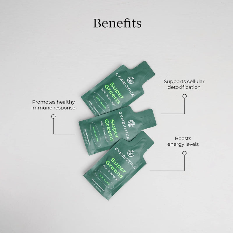 [Australia] - CYMBIOTIKA Super Greens Supplement with Chlorophyll, Spirulina, Daily Vegan Superfood Packets for Digestive Gut Health, Detox, Energy and Immune Support, Citrus Lime Flavor, 15 mL Pouches, 30 Pack 