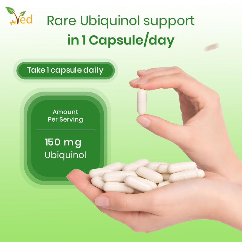 VED Ubiquinol 150 mg Vegan 120 Capsules, Active Form CoQ10 Supplement, High Absorption & Enhanced Bioavailability, Antioxidant & Cellular Energy Support, Non-GMO,