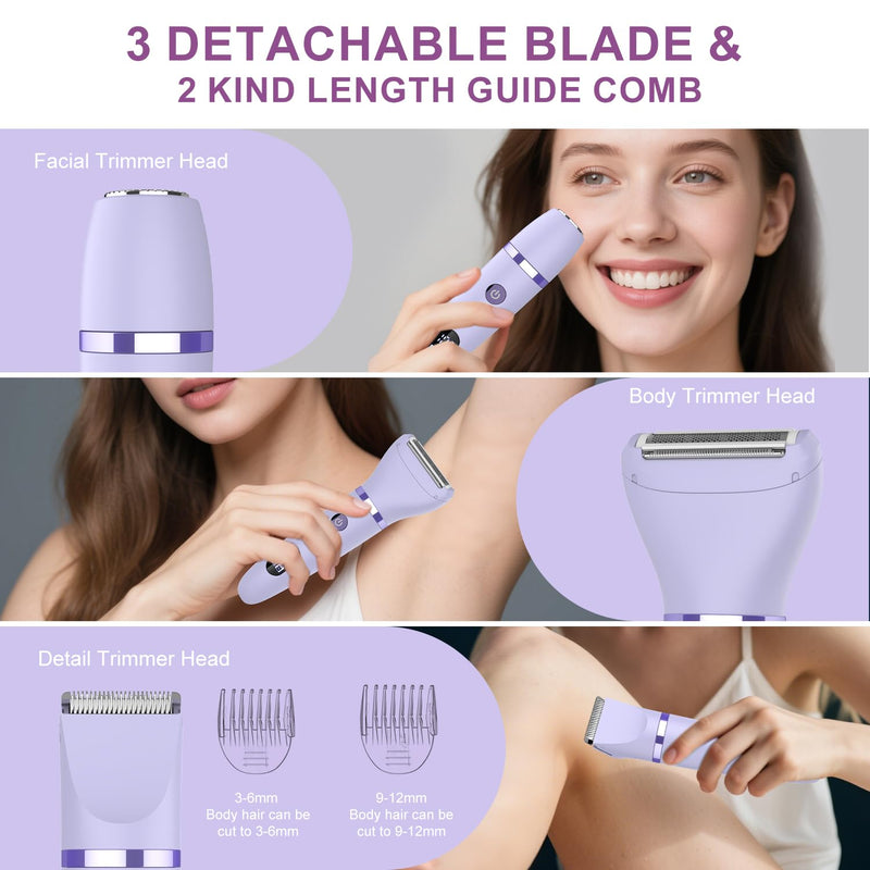 [Australia] - 3-in-1 Electric Razor IPX7 Waterproof Bikini Trimmer Wet & Dry Use Painless Personal Trimmer Groomer for Ladies Face Body Legs Bikini Public Hairs Electric Lady Shaver with Replaceable Heads Purple 