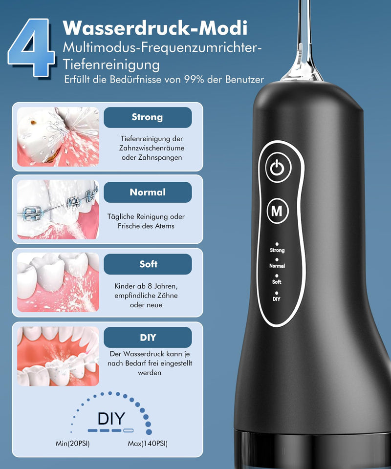 [Australia] - ETROBOT Oral Irrigator Wireless Electric Tooth Cleaner, 2024 Electric Water Flosser - 4 Modes & 5 Nozzles Interdental Space Cleaner, IPX7 Waterproof, Oral Irrigator Test Winner, Dental Irrigator for Oral Care Black 