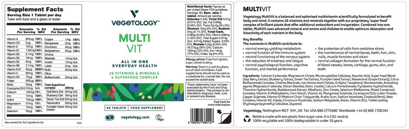 Vegetology Vegan Multivitamin Tablets for Women and Men, 26 Chelated Vitamins and Minerals with Iron, Vitamin B12, D3 and K2, Metabolic, Brain, Immune Support, 60 Tablets, 2 Months Supply, Ages 11+