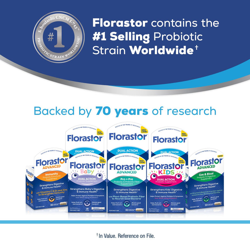 Florastor Advanced Immunity Probiotic, 30 Capsules | Daily Probiotic & Immune Support with Saccharomyces Boulardii Plus Zinc, Vitamin C & D3 30 Count (Pack of 1)