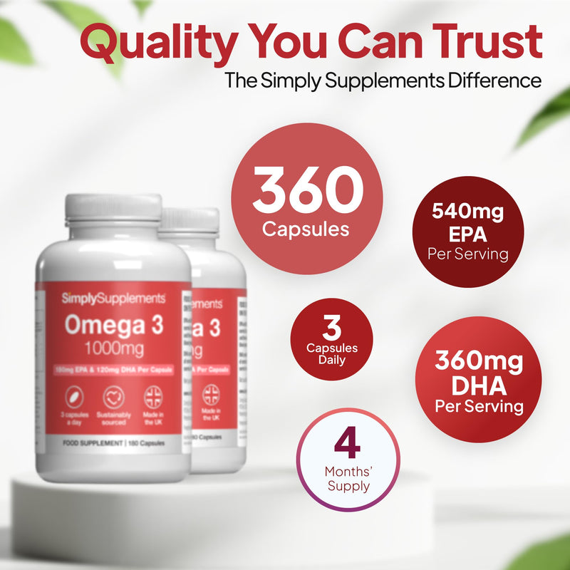 Pure Omega 3 1000mg Capsules | Supports Heart, Brain & Eye Health | Rich in Omega 3 Fatty Acids | 540mg of EPA and 360mg of DHA per Serving | 360 Capsules = 4 Months’ Supply | Made in The UK Unflavoured 2 count (pack of 180)