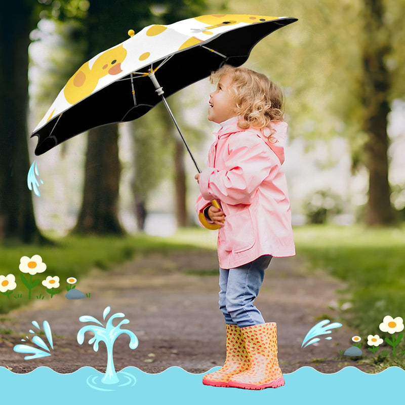Strawberry White Flower Pattern Kids Umbrellas for Rain UV Protection Umbrellas Travel Portable Umbrella for Girls and Boys Yellow Duck