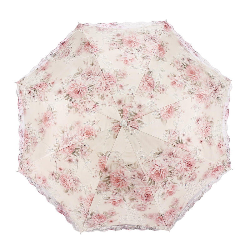 Honeystore Flower Print Vintage Parasol Anti-UV Folding Lace Embroidery Umbrella 2 Folding Beige