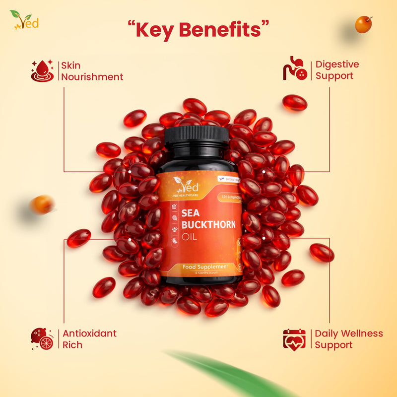 VED Sea Buckthorn Oil Soft Capsules | Boost Immune System | Omega-7 500 mg | 120 Softgels.