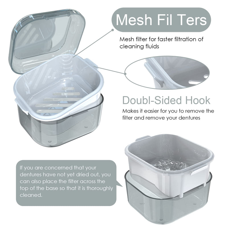 [Australia] - ARGOMAX Denture Case, Denture Cup for Soaking Dentures, Thorough Cleaning of Dentures, Retainer, Mouthguards, Clear Braces (Grey). Grey Clear Case + White Filter and Tray 