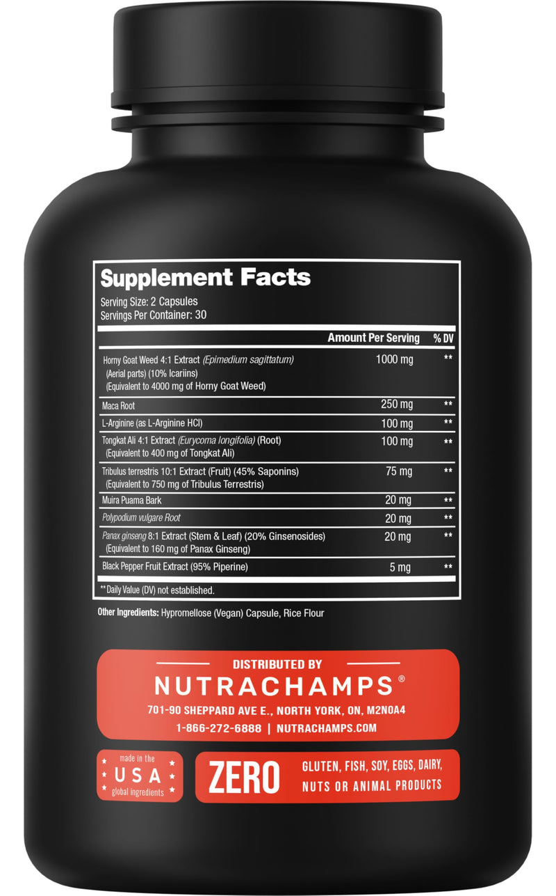[Australia] - NutraChamps Horny Goat Weed, 1000mg Epimedium Energy Supplement, 10X Strength Icariin, Ginseng, Tribulus & Maca Pills for Women & Men, Enhanced Absorption with Black Pepper, 60 Vegan Capsules 