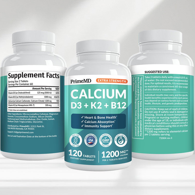 PrimeMD 4-in-1 Calcium 1200mg, Vitamin D3 K2 5000IU, Vegan Non-GMO, 120ct | Bone Health and Everyday Vitality Support, Extra Strength Calcium with Vitamin D3 and K2, Vegan, Non-GMO, Calcium Supplement 120 Count (Pack of 1)