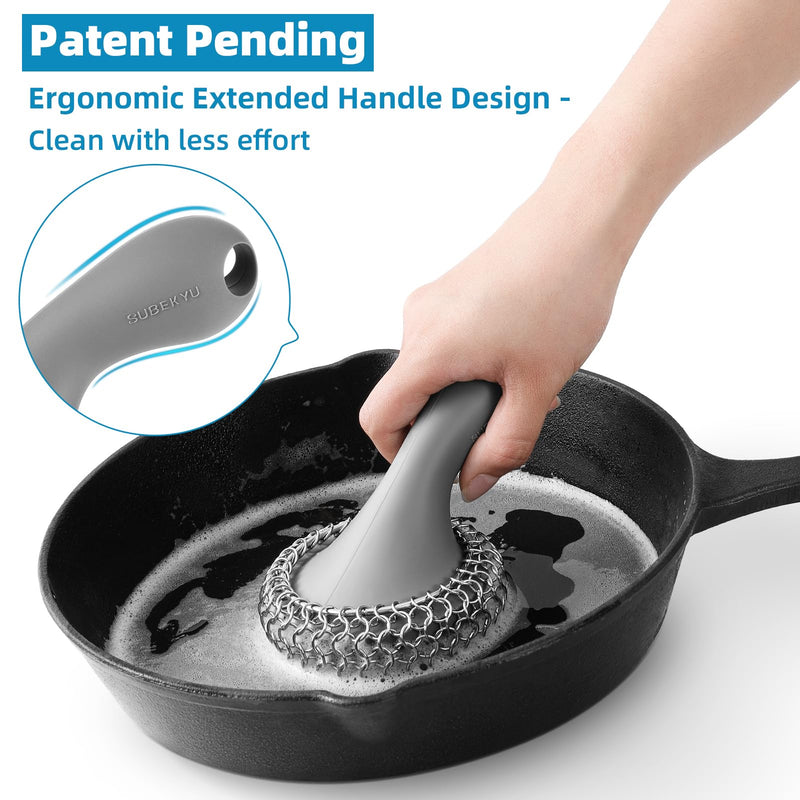 [Australia] - SUBEKYU Cast Iron Scrubber with Silicone Handle, Stainless Steel Cast Iron Skillet Cleaner Chainmail Scrubber for Cast Iron Pans, Grey Gray 