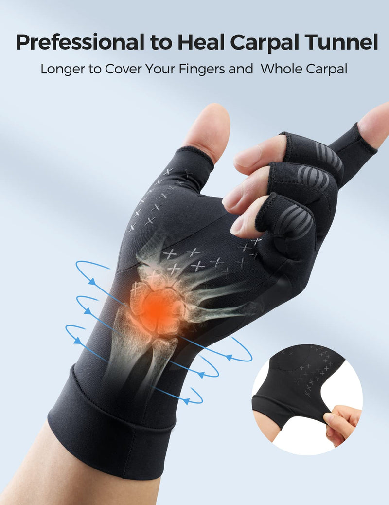 FREETOO Copper Arthritis Gloves for Carpal Tunnel Pain Relief, Strengthen Gloves to Alleviate Hand Pains,Swelling, Fingerless Computer Typing Gloves for Rheumatoid, Tendonitis Women/Men-L Black Large