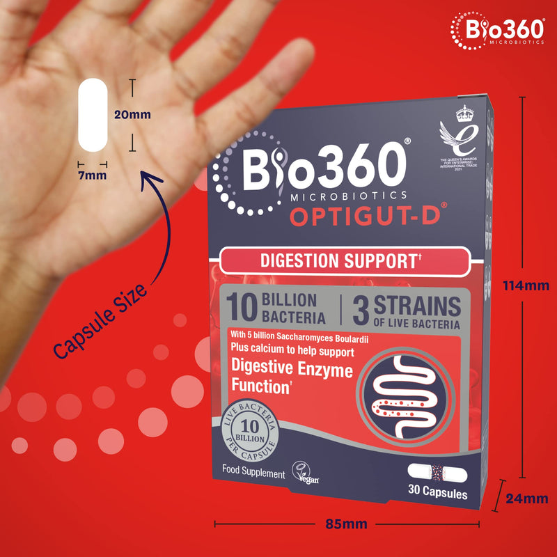 Natures Aid Bio360 OptiGUT-D Probiotic 10 Billion Live Bacteria - High Strength Vegan Digestive Gut Health Support - Gut Health Supplement for Adults & Kids - Gluten Free, Non-GMO - 30 Capsules | Digestion Support Bio360 OptiGUT-D 30 Capsules