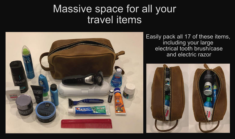 Calissimo Genuine Leather Toiletry Travel Tote Bag - Dopp Kit - Shaving Kit.