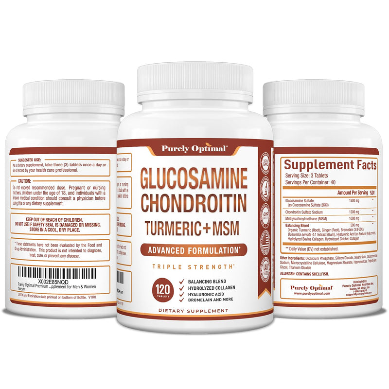 [Australia] - Purely Optimal Premium Glucosamine Chondroitin MSM Supplement Tablets w/Turmeric & Boswellia - Glucosamine Sulfate Joint Supplement for Men & Women 