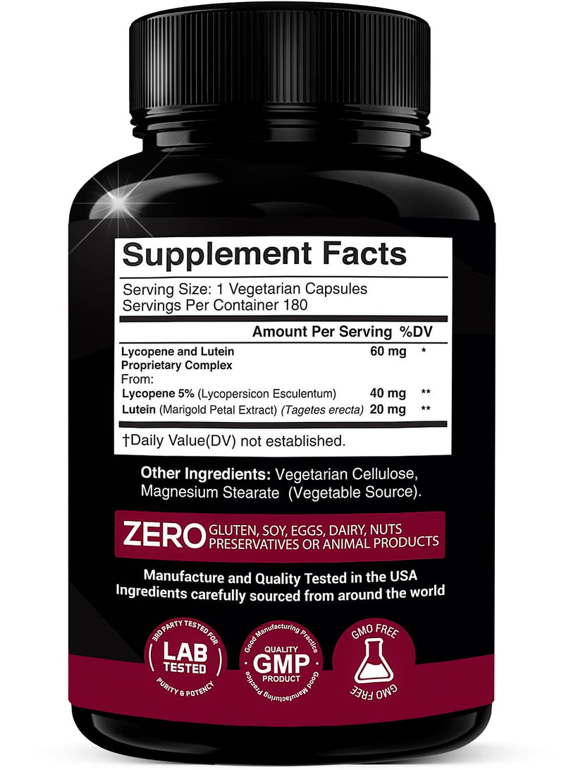 [Australia] - Lycopene + Lutein Supplement 60mg | Lycopene 40mg from Tomato & Lutein 20mg from Marigold Extract - 2-in-1 Ultra-Concentrated Health Supplements | Non-GMO & Gluten Free - 180 Veggie Caps Made in USA 
