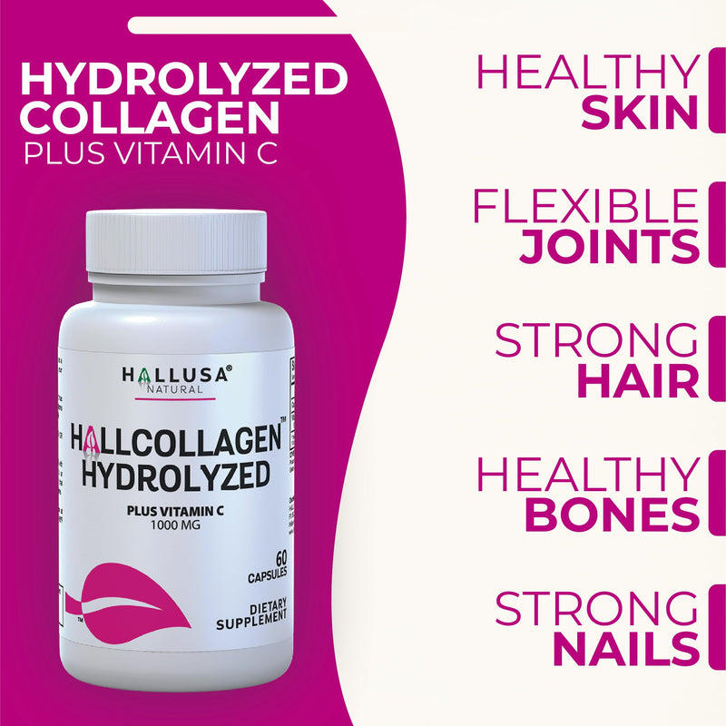 Hallusa Natural Hydrolyzed Collagen Capsules 1000mg with Vitamin C - Anti Aging Supplement for Skin, Hair, Nails & Joint Support - Cólageno hidrolizado - Pastillas de colágeno - 60 Capsules