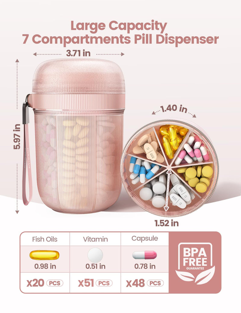 Large Pill Organizer with Desiccant, 7-Compartment Pill Bottle | Light-Proof, Moisture-Proof, Anti-Mixing, Touch-Free Pill Dispenser, Sealed BPA-Free Vitamin Organizer with Handle, Green