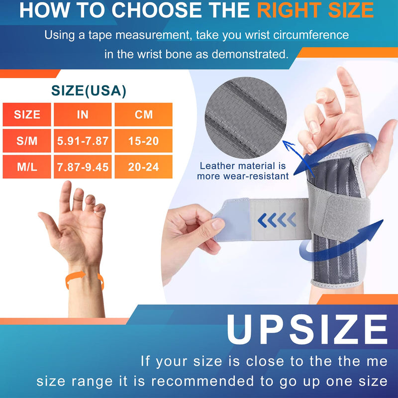 Wrist Brace for Carpal Tunnel, Adjustable Night Wrist Support Brace with Splints Right Hand, Hand Support for Arthritis, Tendonitis, Sprain, Injuries, Wrist Pain, Men Women, Medium/Large Right Hand-Grey