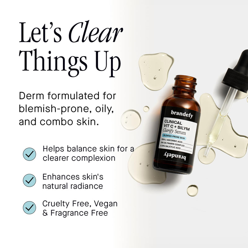 Brandefy Vitamin C + Silym Clarify Serum - Face Salicylic Acid Serum for Blemish-Prone Skin, Promotes Clear Complexion, Anti-Aging, Brightening, Made in the USA (1 oz)