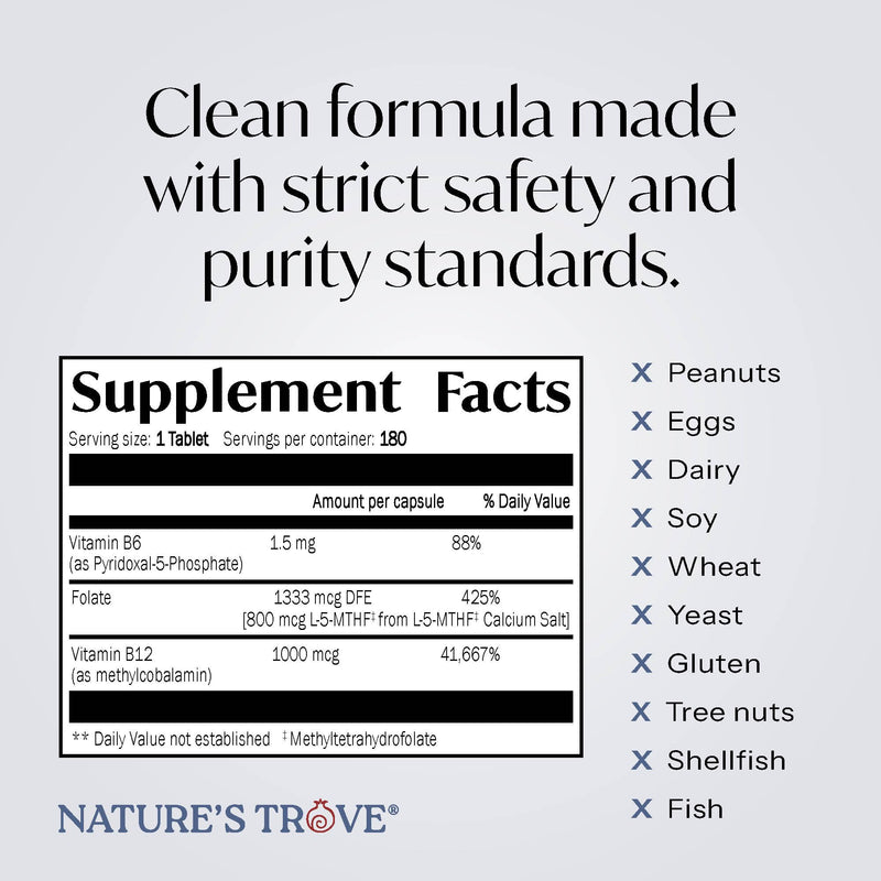 Nature's Trove Methyl B12 (1000mcg) + Folate L-5-MTHF (800mcg) with Vitamin B6 P5P - 180 EZ-Chew Tablets - Natural Cherry Flavor - Bioactive B-Vitamin Support - Vegan, Gluten-Free & Kosher