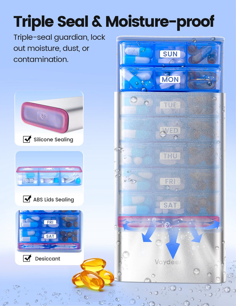 Vaydeer Metal Pill Organizer 3 Times a Day, Weekly Pill Box with Built-in Desiccant Compartment, Airtight 7 Day Travel Pill Case for Medication, Vitamins & Supplements (Black) Black