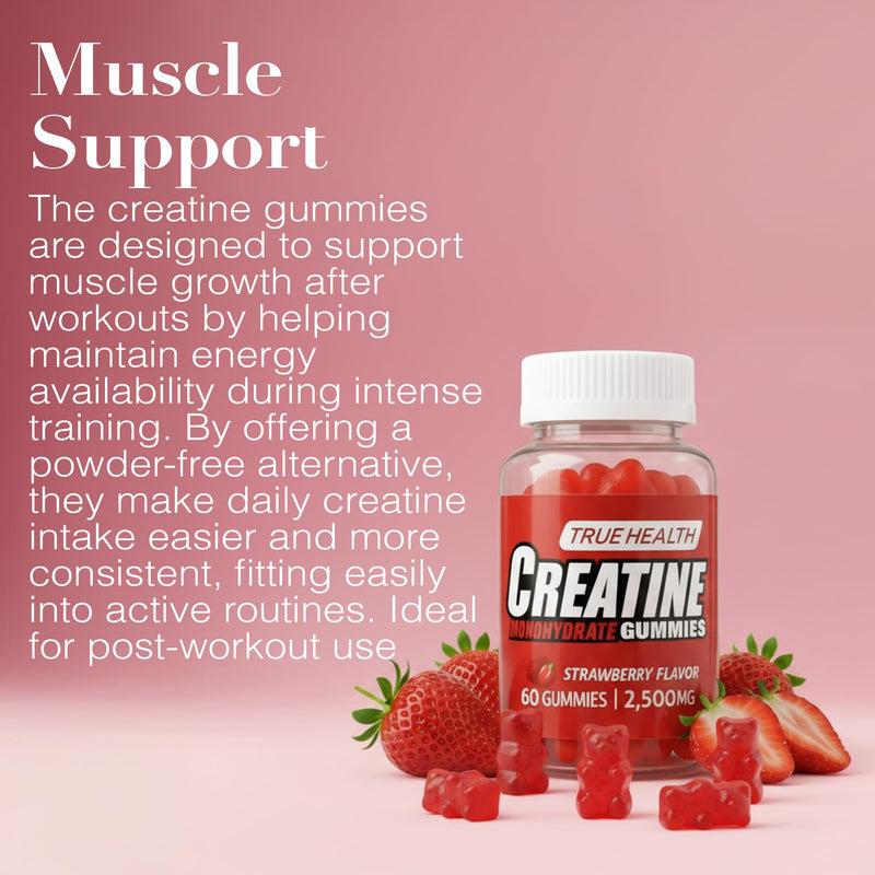 Creatine Gummies – Vegan Creatine Monohydrate Gummies, Strawberry Flavoured for Post Workout Recovery, Boost Muscle Growth and Enhance Strength, 2,500 MG, 60 Units (Strawberry)