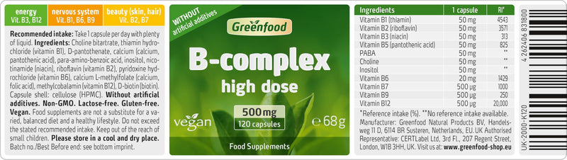 Greenfood B-Complex, 560 mg, high dose, 120 Capsules - All Vitamins of the B Group. Contributes to the Maintenance of Energy (B12), Nervous and Immune System (B6), Normal Skin and Hair (B7).Vegan.
