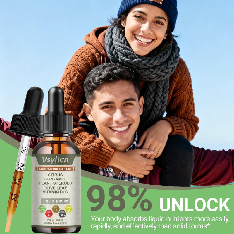 Citrus Bergamot Liquid Drops 60ml Vegan - Lower Cholesterol Levels - Cholesterol Complex Supplement 3000mg Equivalent Formula with Black Pepper & Olive Leaf - High Absorption Heart Health Supplement