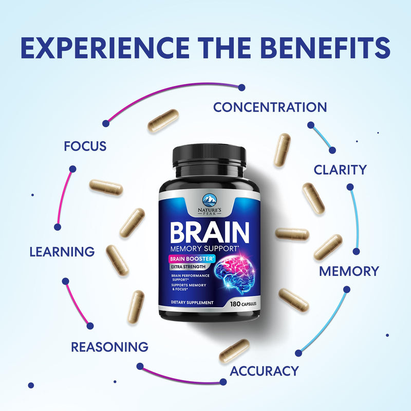 Brain Memory Supplement Pills - 3X Strength Nootropics for Concentration, Clarity & Focus Support - Brain Health Cognitive Vitamins B6 B12 with Folate & Phosphatidylserine, Brain Booster, 180 Capsules 180 Count (Pack of 1)
