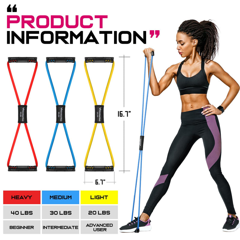 [Australia] - Figure 8 Fitness Resistance Bands with Handles - Exercise Tube Band Set of 3 for Arm and Shoulder Stretch, Rope 8 Word Elastic for Women and Men Yellow, Blue, Red 