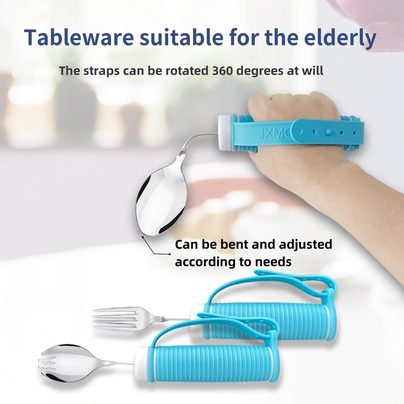 [Australia] - Tremors Elderly Assistance Products,Spoon and Fork Three Piece Set,Handicap Accessories for Daily Living,Adaptive Equipment with Blue Handle Belt,Aids for Living,Eating Utensils Sets. Spoon fork(Blue) 