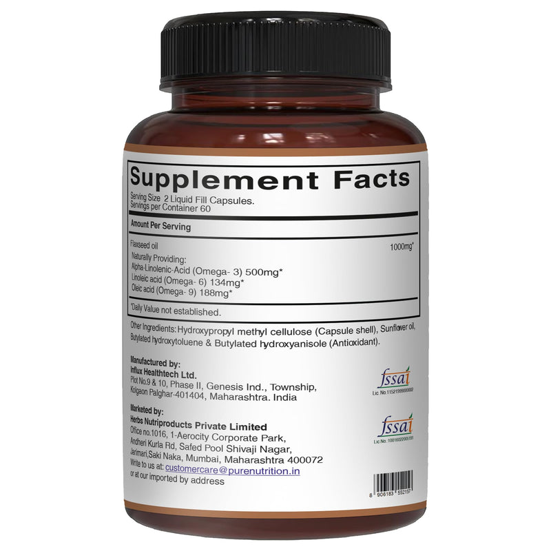 [Australia] - Pure Nutrition Flaxseed Oil 1000mg with Omega 3 6 9 I 120 Veg Caps | Naturally Providing 500mg Alpha-Linolenic, 134 mg Linoleic, and 188mg Oleic Acid. 