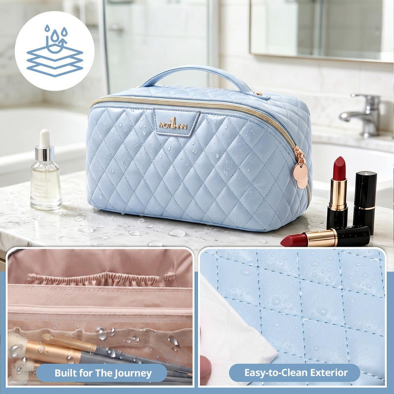 Travel Makeup Bags Cosmetic Organizer: 3Pcs Set Puffy Make up Bag for Women | Blue Premium Quilted ELEGANCE Design | Large Capacity Leather Toiletry Bags | Wide Open Compact Case for Travel Essentials 03 Blue
