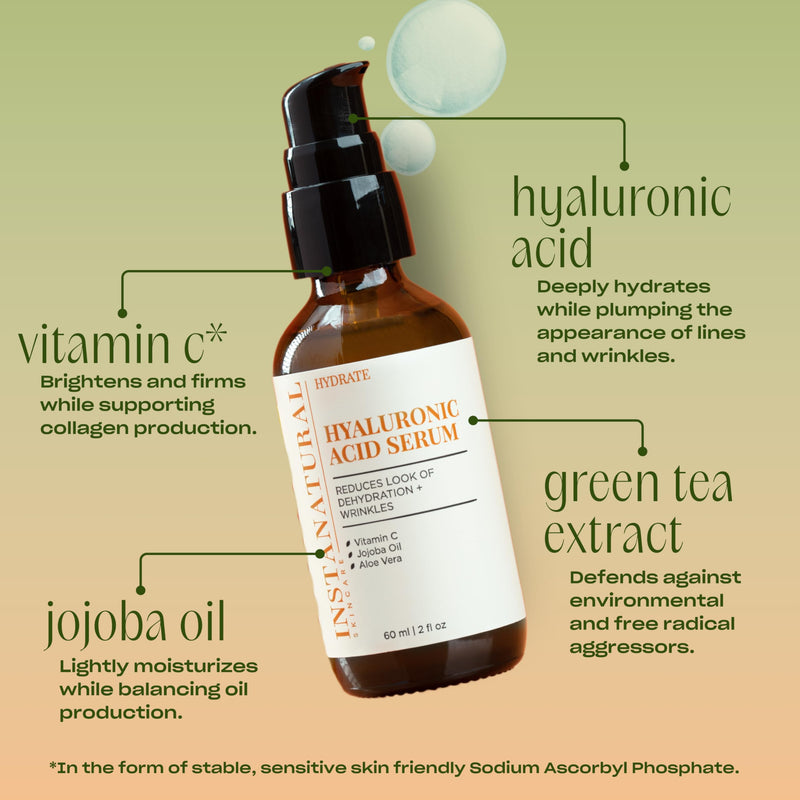 InstaNatural Hyaluronic Acid Serum for Face, Brightens, Hydrates, Reduces the Look of Fine Lines and Wrinkles, with Vitamin C, Jojoba Oil, and Aloe Vera, 2 Fl Oz | Reduces the Look of Fine Lines and Wrinkles, with Vitamin C, Jojoba Oil, and Aloe Vera, ...