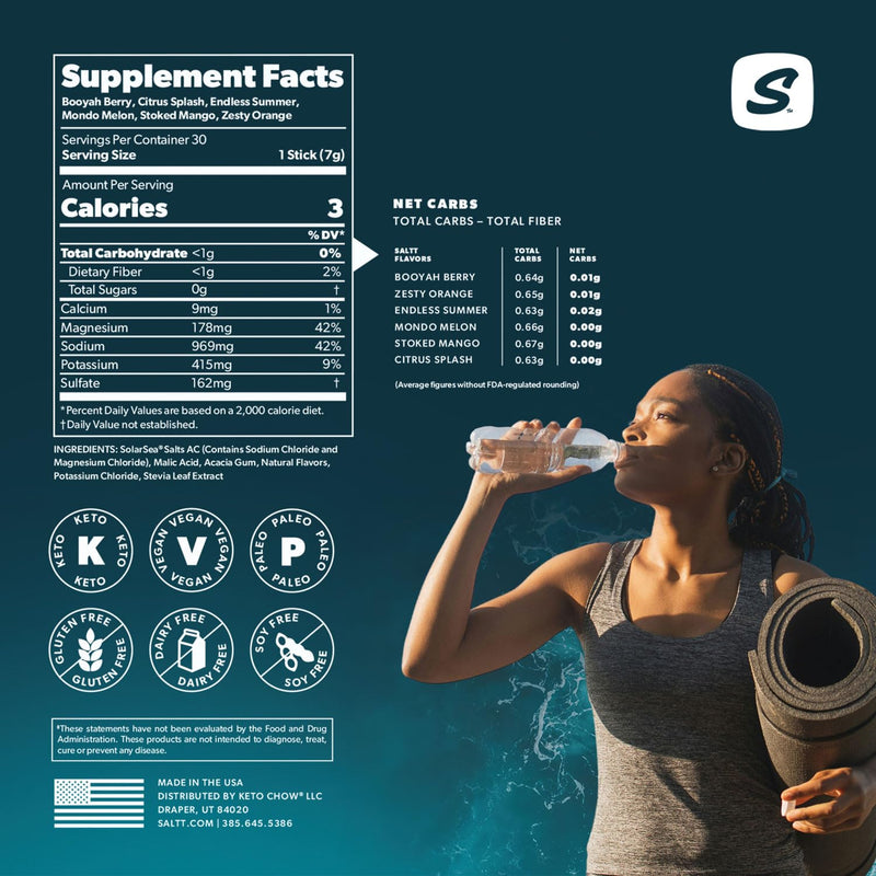 [Australia] - SALTT Electrolytes Powder Flavored Drink Mix - All Things Fruit - 30 Hydration Packets - Magnesium, Potassium, Sodium, Trace Minerals - Zero Sugar & Gluten Free - Travel Essentials - By Keto Chow Variety - Fruity 