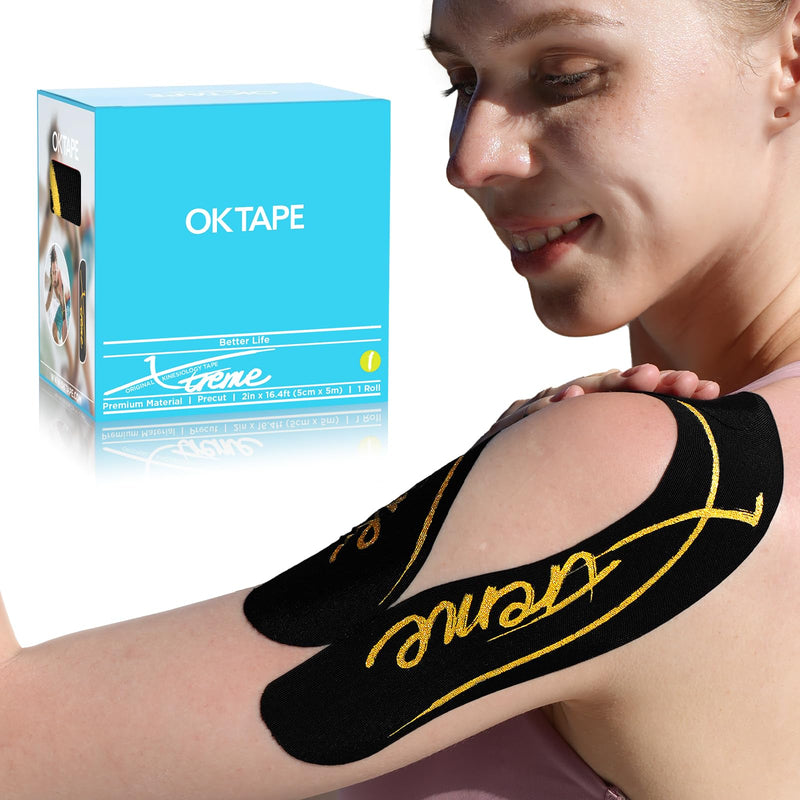 OK TAPE Pearlescent Printed Muscle Tape Pre-Cut Strips,20PCS,Black,Xtreme Synthetic Kinesiology Tape for Joint & Muscle Support,Durable and Breathable,2in×16.4ft Roll Black