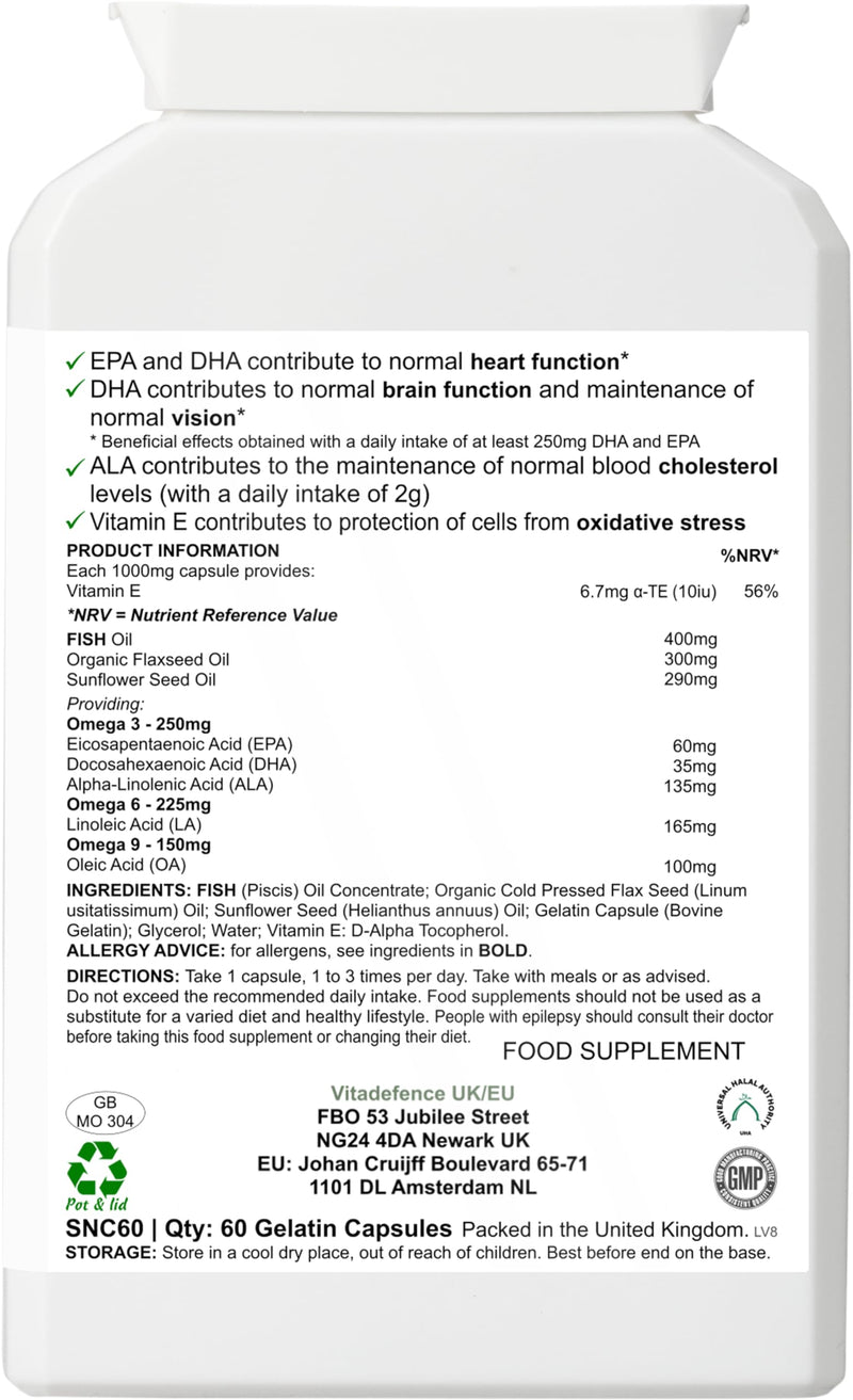 Omega 3-6-9 Multi, Fish Oil with Flaxseed and Sunflower Oil, 60 Capsules, with Vitamin E