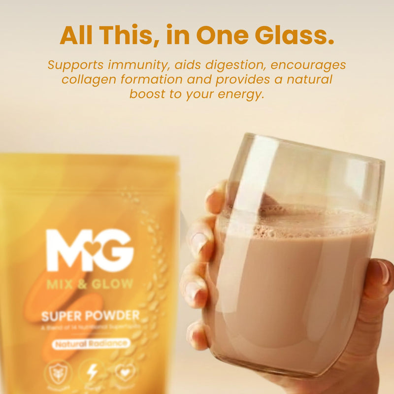 Mix & Glow Super Powder | 14 Advanced Superfoods, Prebiotic Herbs, Greens and Adaptogens Including Turmeric, MCT Oil & Cacao | Vegan & Gluten Free | 30 Servings | Natural Radiance