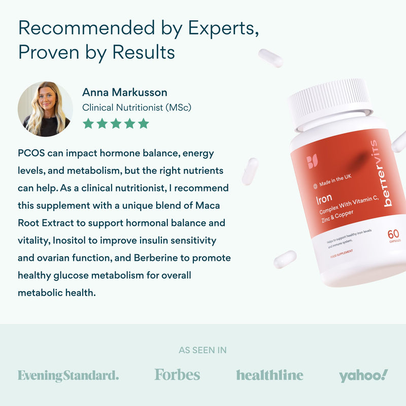 Bettervits PCOS Complex with Inositol, Folic Acid, Berberine | MYO - Inositol 4000mg and Maca Root 10,000mg | Hormonal Balance for Women with Vitamin B12 | PCOS Supplements for Women - 120 Tablets
