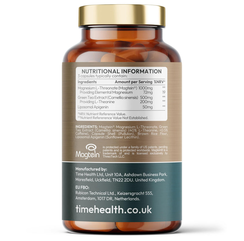 Night Time Complex – Magtein® Magnesium, Natural L-Theanine & Liposomal Apigenin – Sleep Support – 90 Capsules – UK Made to GMP & HACCP Standards – Zero Additives – Vegan Supplement