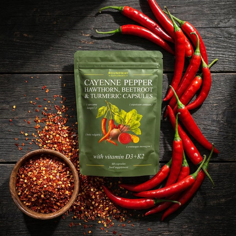Cayenne Pepper Capsules with Hawthorn, Beetroot, Turmeric and Vitamin D3 K2 for Heart & Circulatory Support | 60 Capsules, 1 Month Supply | Made in The UK by Roundway Supplements