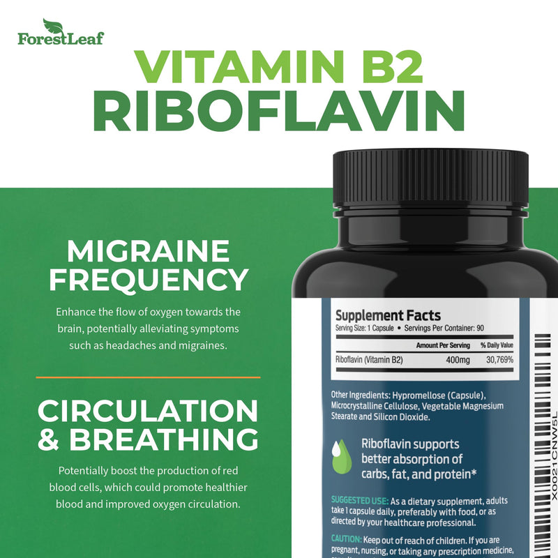 [Australia] - ForestLeaf Vitamin B2 Riboflavin 400mg - Energy, Skin & Cellular Health Supplement - Nervous System Support - Vitamin B 2 VIT B - Non-GMO & Gluten Free - B2 Vitamin 400mg Vegetable Capsules, 90 Count 90 Count (Pack of 1) - Unflavored 