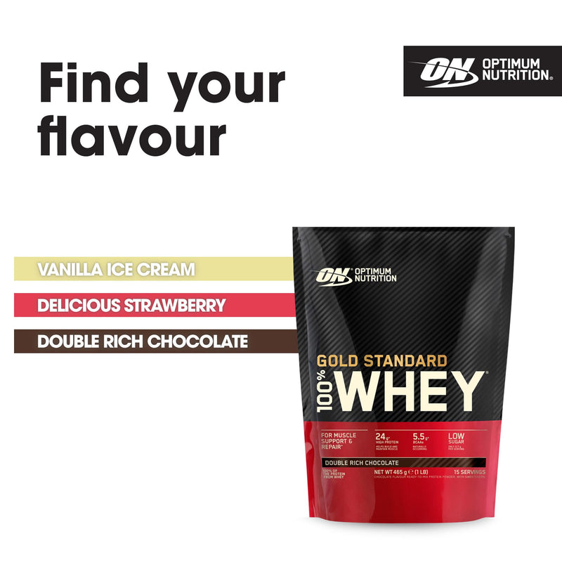Optimum Nutrition 100% Gold Standard Whey Protein Powder, 24g Protein, Double Rich Chocolate, BCAA, low-sugar, Fast-Digesting Isolate for Muscle Gain & Recovery, 465 g, 15 Servings