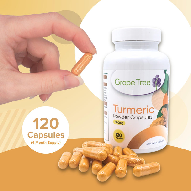 Grape Tree Turmeric Powder Supplement 500mg 120 Capsules. 4 Month Supply. Pure Turmeric Supports Joint Comfort, Flexibility, Mobility & Digestion